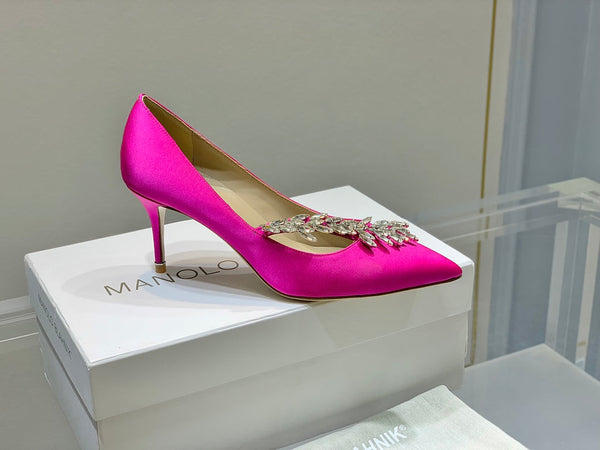 Manolo Wheat Ear Rhinestone High Heels Pumps Dark Pink Silk Fabric 327452