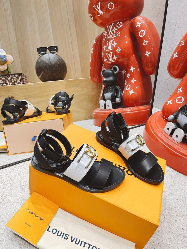 Sandalo piatto LV Academy in pelle di vacchetta nera e bianca