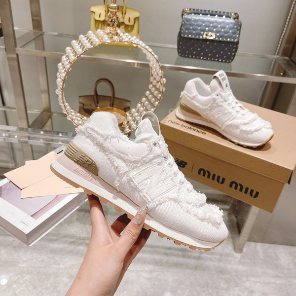 MIU MIU x New Balance 574 Sneakers White Canvas Denim 498913