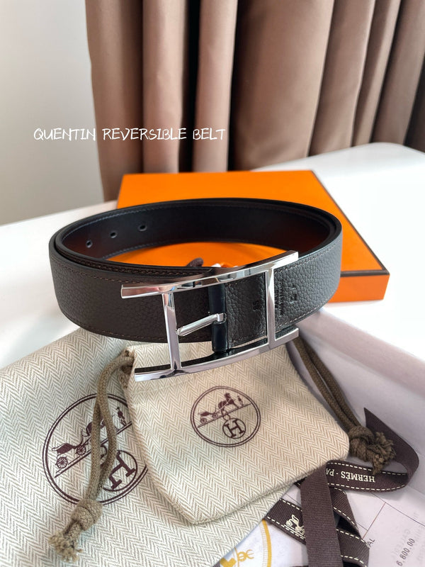 HM Silver Quentin Reversible 32mm Belt Black Chocolate Leather 187794