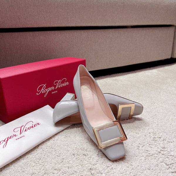 Belle Viv Buckle Square Pumps Grey Italian Imported Leather