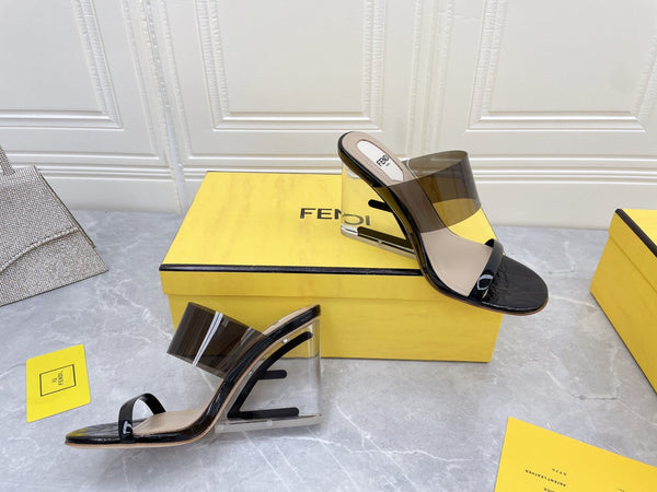 FENDI FIRST 95 MM HIGH-HEELED SANDAL IN BLACK TPU FILM AND LAMBSKIN