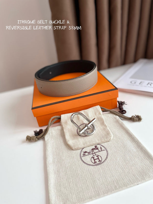 HM ITHAQUE BELT SILVER BUCKLE & REVERSIBLE CAMEL BROWN AND BLACK LEATHER STRAP 38MM