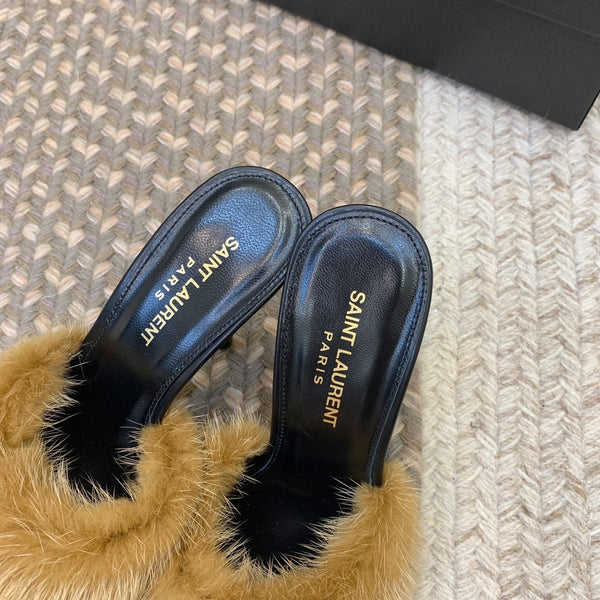 LA 16 HEELED MULES IN DRIED MOSS RABBIT FUR AND SMOOTH LAMBSKIN