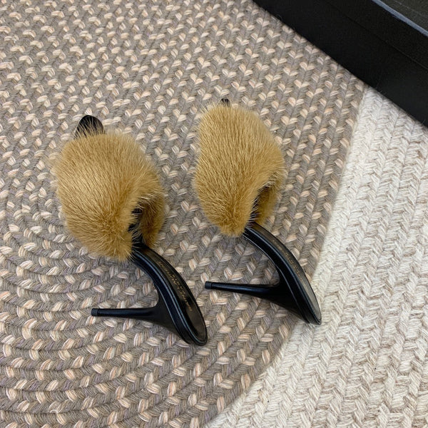 LA 16 HEELED MULES IN DRIED MOSS RABBIT FUR AND SMOOTH LAMBSKIN