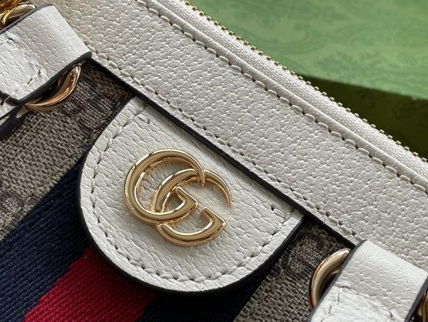 GG OPHIDIA 24 TOTE IN BEIGE CANVAS AND WHITE CALFSKIN