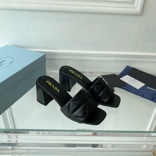 Sandalo con tacco Pra 65 suola quadrata trapuntato in pelle nera