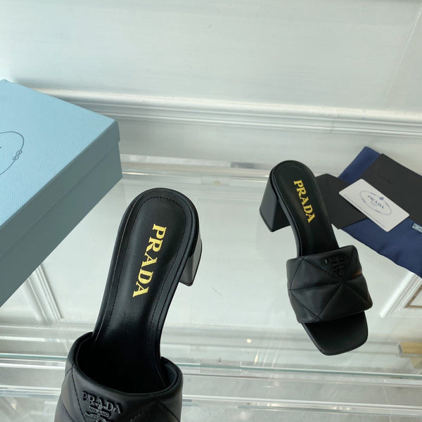 Sandalo con tacco Pra 65 suola quadrata trapuntato in pelle nera