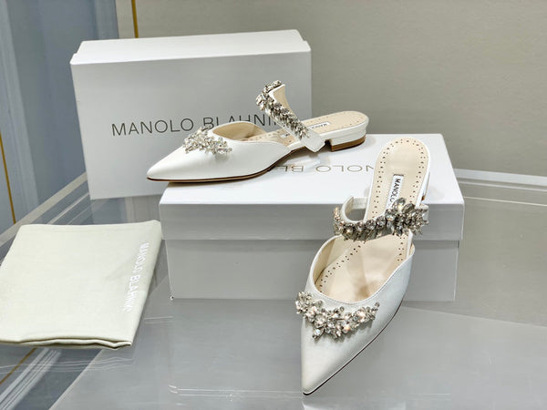 Manolo Flats Mules Crystal White Silk Satin 327471
