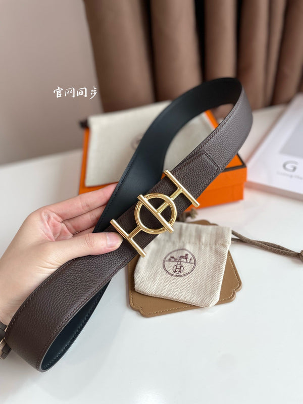 ULYSSE BELT BUCKLE & REVERSIBLE CHOCOLATE BROWN LEATHER STRAP 38MM GOLD HARDWARE