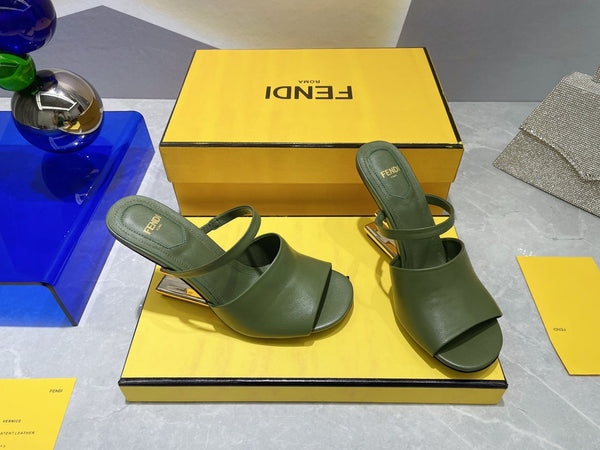 FENDI FIRST 95 MM HIGH-HEELED SANDAL IN OLIVE GREEN LAMBSKIN GOLD HARDWARE