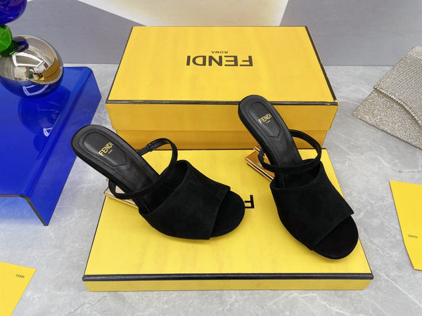 FENDI FIRST 95 MM HIGH-HEELED SANDAL IN BLACK SUEDE GOLD HARDWARE