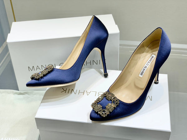 Manolo Diamond Buckle Pumps 10cm Navy Blue Silk 327497