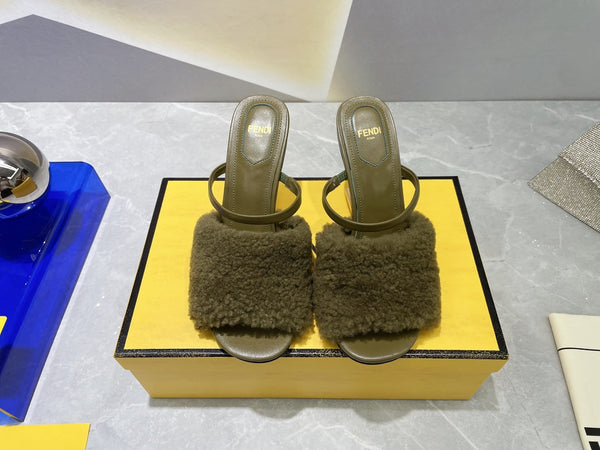 FENDI FIRST HIGH HEEL 95 MM SANDAL IN OLIVE GREEN MINK FUR
