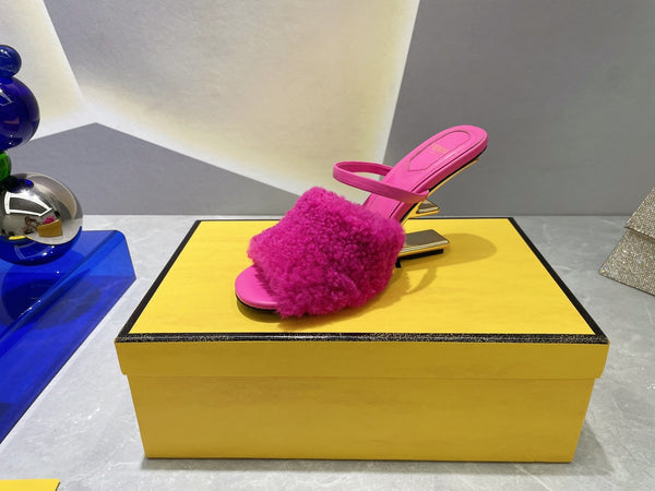 FENDI FIRST HIGH HEEL 95 MM SANDAL IN BRIGHT PINK MINK FUR