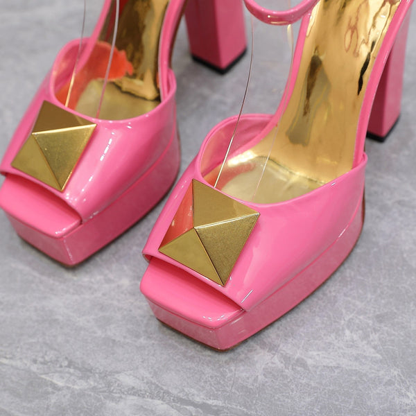 Open Toe Pump With One Stud Gold Patent Pink Leather 130MM