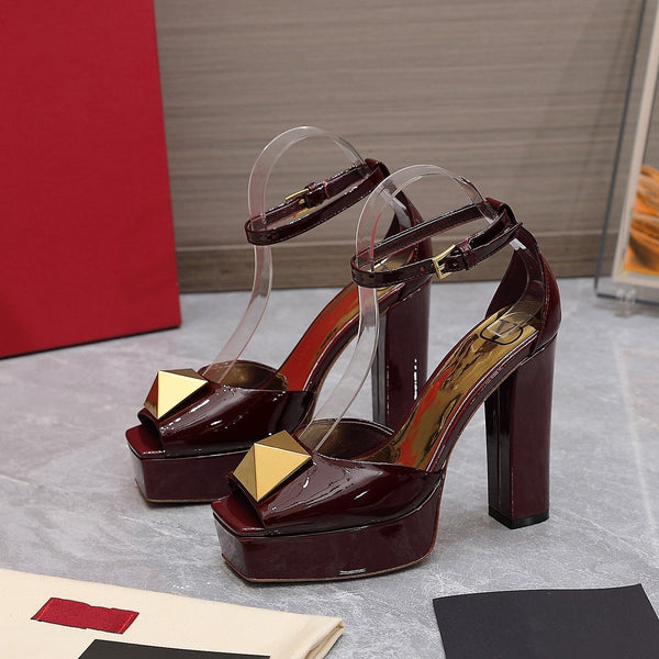 Open Toe Pump With One Stud Gold Patent Burgundy Leather 130MM