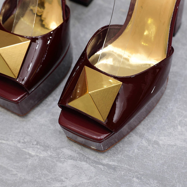 Open Toe Pump With One Stud Gold Patent Burgundy Leather 130MM