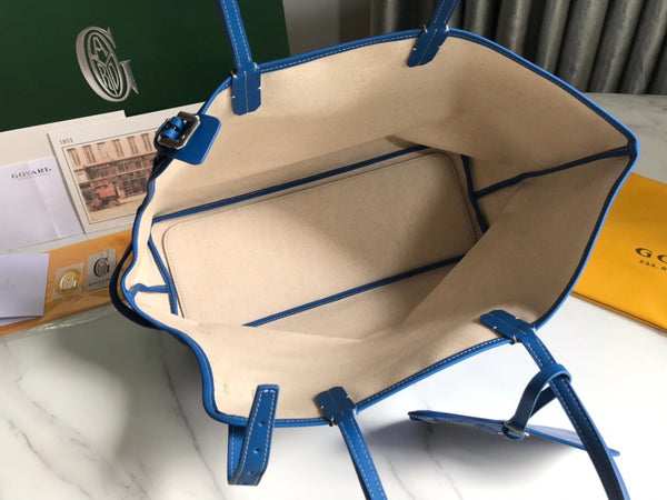 CHIEN GRIS BAG 33 IN SAPPHIRE BLUE GOYARDINE CANVAS AND TAN CALFSKIN TRIM