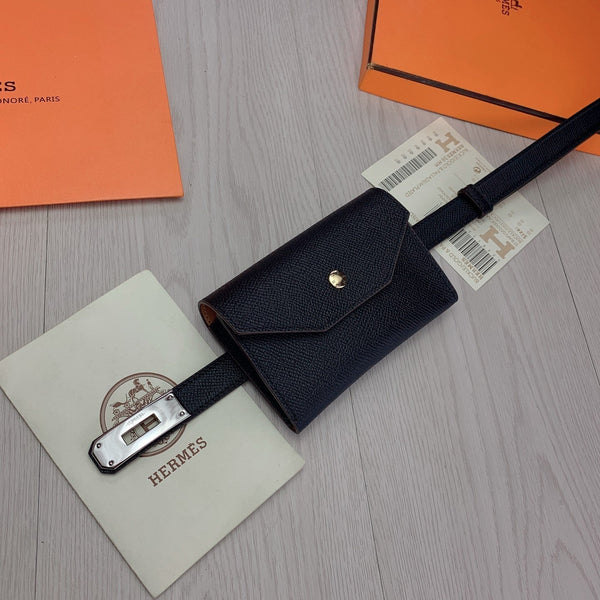 hm kelly belt 18mm with pocket black calfskin silver buckle