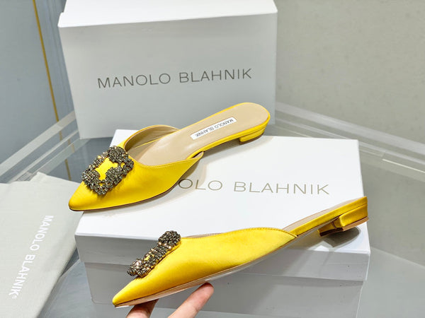 Manolo Buckle Flast Mules Yellow Silk 327516