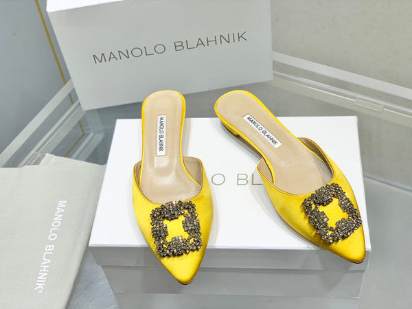 Manolo Buckle Flast Mules Yellow Silk 327516