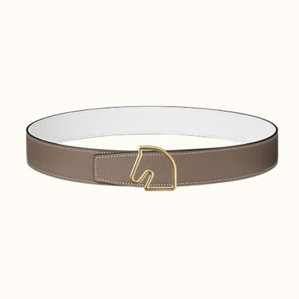 BOUCLE BELT BUCKLE & REVERSIBLE KHAKI BROWN AND WHITE LEATHER STRAP 38MM GOLD HARDWARE