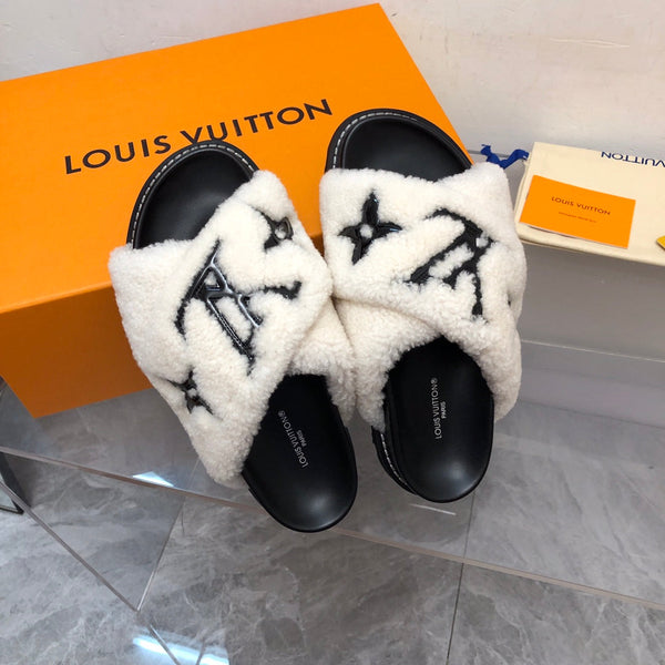 LV Paseo Flat Comfort Mule Bianco Nero Pile