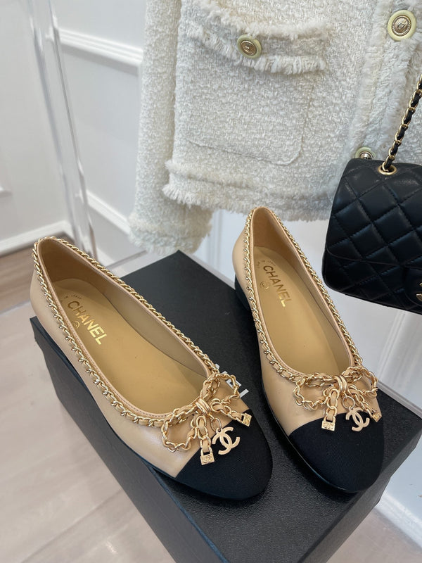 CC Ballet Flats 25mm Beige Bow Tie Chain Lambskin