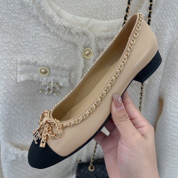 CC Ballet Flats 25mm Beige Bow Tie Chain Lambskin