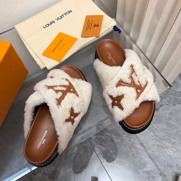 LV Paseo Flat Comfort Mule Bianco Marrone Pile