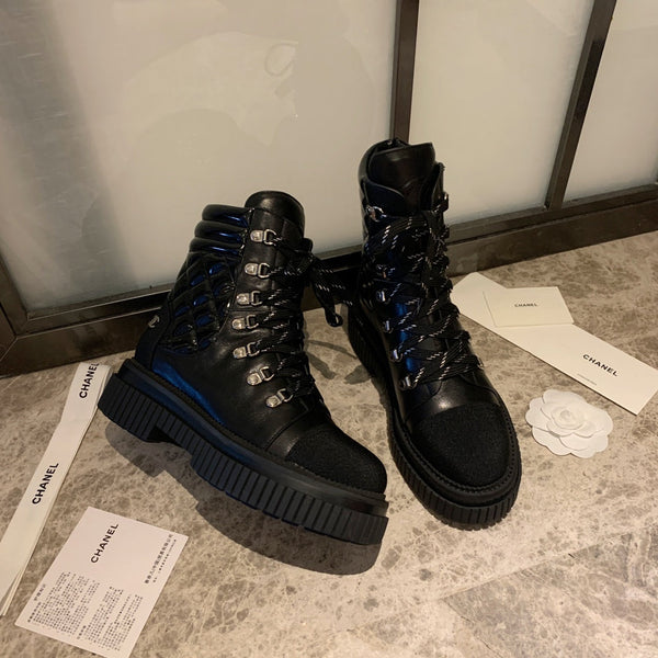 Stivali da combattimento CC 50 mm in pelle di vitello lucida nera trapuntata e tessuto in lycra 940073