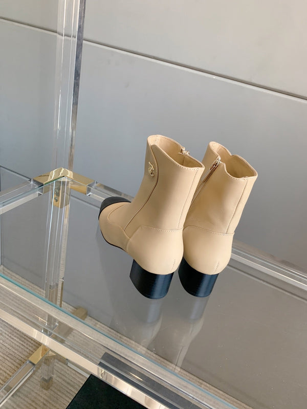 CC Ankle Boots Block Heel 60mm Beige Black Cowhide 464568