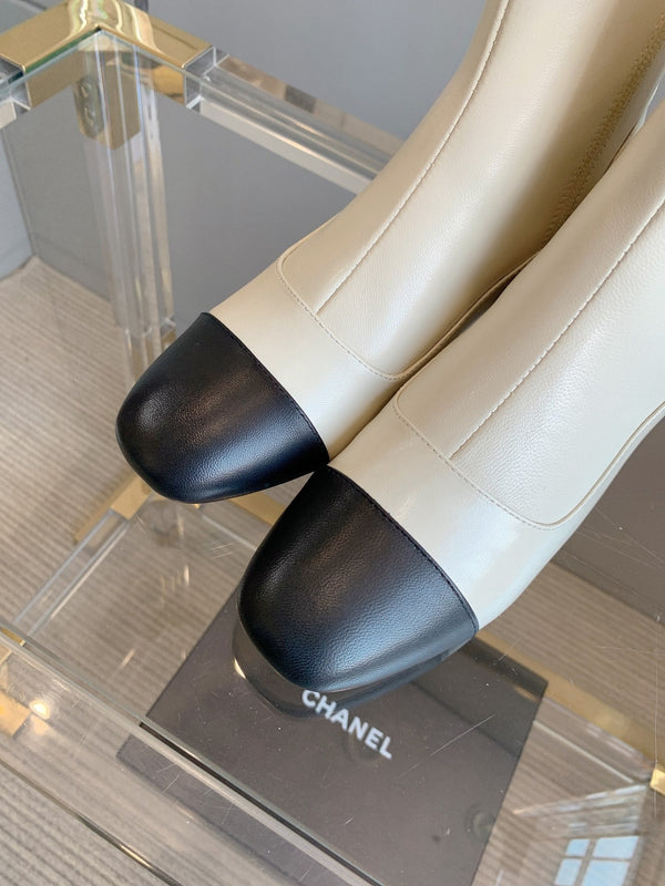 CC Ankle Boots Block Heel 60mm White Black Cowhide 464569