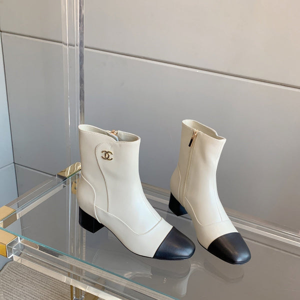 CC Ankle Boots Block Heel 60mm White Black Cowhide 464569