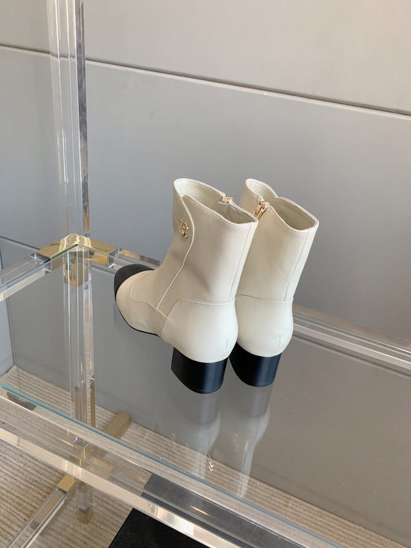 CC Ankle Boots Block Heel 60mm White Black Cowhide 464569