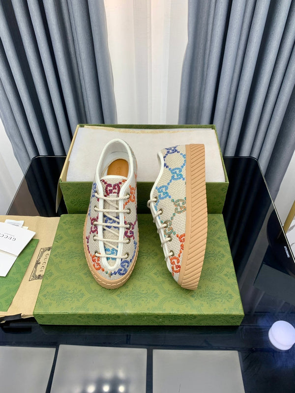 GG UNIQUE SNEAKER THICK-SOLE BEIGE CANVAS WITH PATTERN