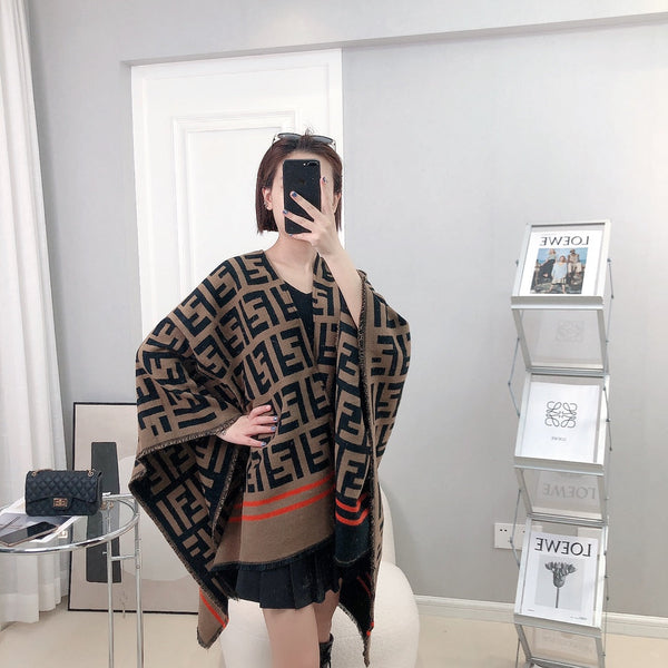 FF 140 CM PONCHO CHOCOLATE BROWN MIX BLACK WOOL AND SILK