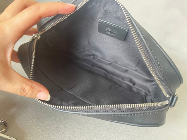 FENDI ROMA 22 CLUTCH BAG IN DARK GREY FF CALFSKIN SILVER HARDWARE WITH WHITE LOGO