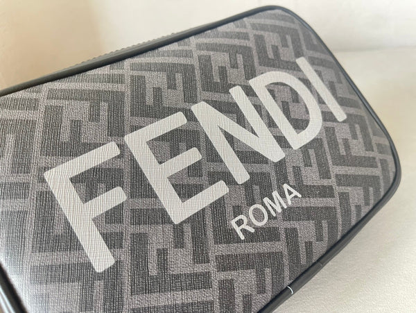 FENDI ROMA 22 CLUTCH BAG IN DARK GREY FF CALFSKIN SILVER HARDWARE WITH WHITE LOGO