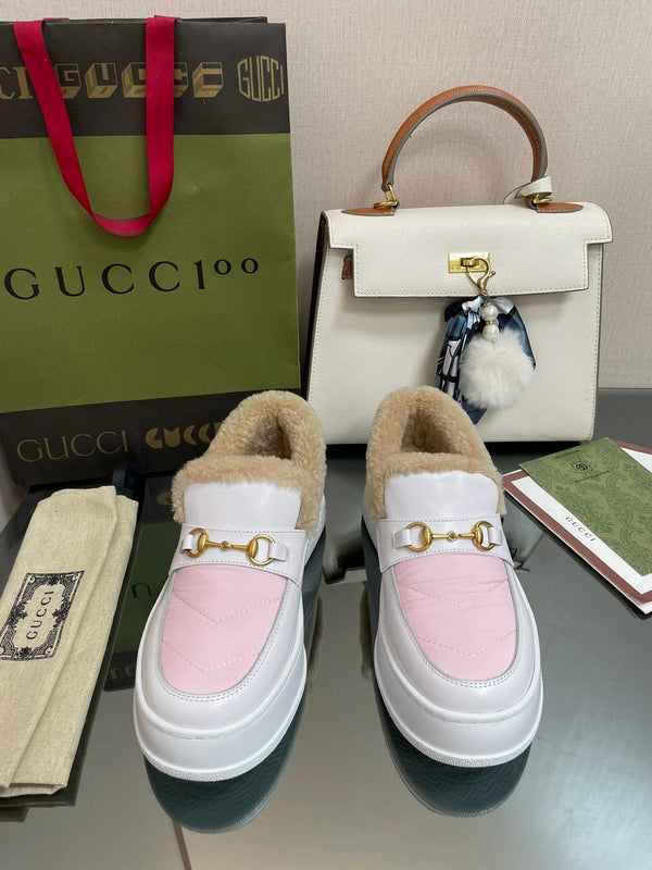 MOCASSINO GG IN PELLE DI VITELLO BIANCO MIX ROSA CHIARO CON FODERA IN LANA BEIGE