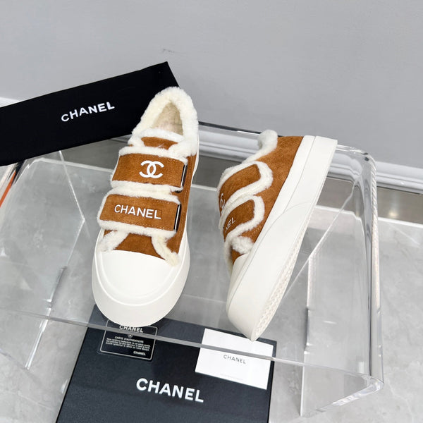 CC Sneaker Thick-Soled White Brown Suede Wool Lining Fleece