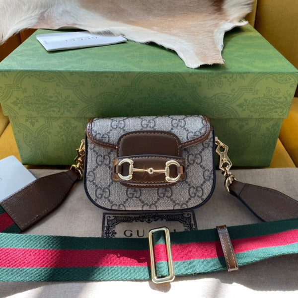 BORSA GG 12 HORSEBIT 1955 SUPER MINI IN TELA BEIGE E PELLE DI VITELLO EBANO