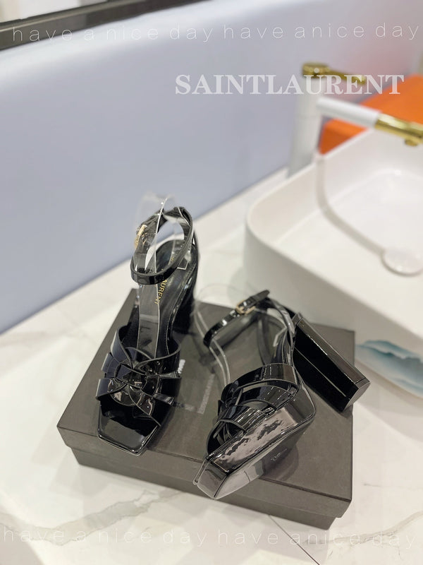 SL TRIBUTE FLATFORM SANDALS GLOSSY BLACK CALFSKIN