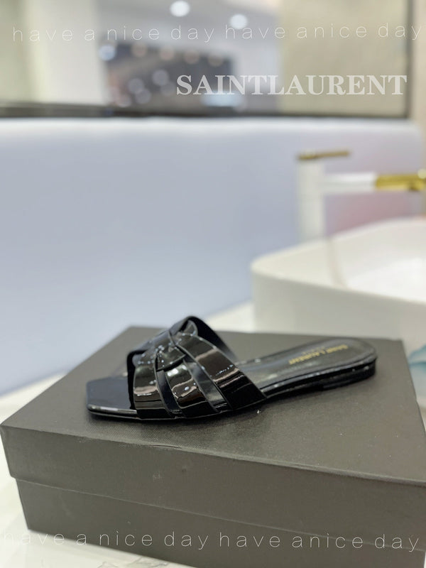 SL TRIBUTE SLIPPERS GLOSSY BLACK CALFSKIN