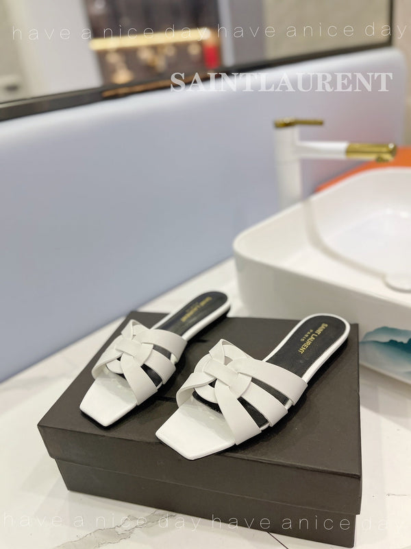 SL TRIBUTE SLIPPERS WHITE CALFSKIN