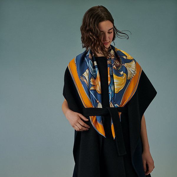 Cavalcades Scarf 90 CM In Blue Yellow Colorful Silk Twill 288859