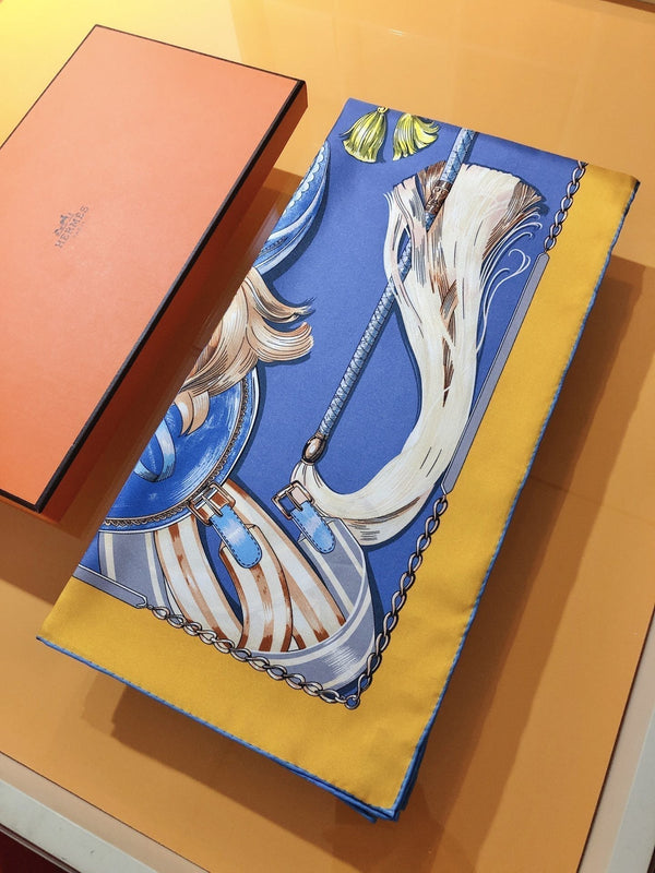 Cavalcades Scarf 90 CM In Blue Yellow Colorful Silk Twill 288859