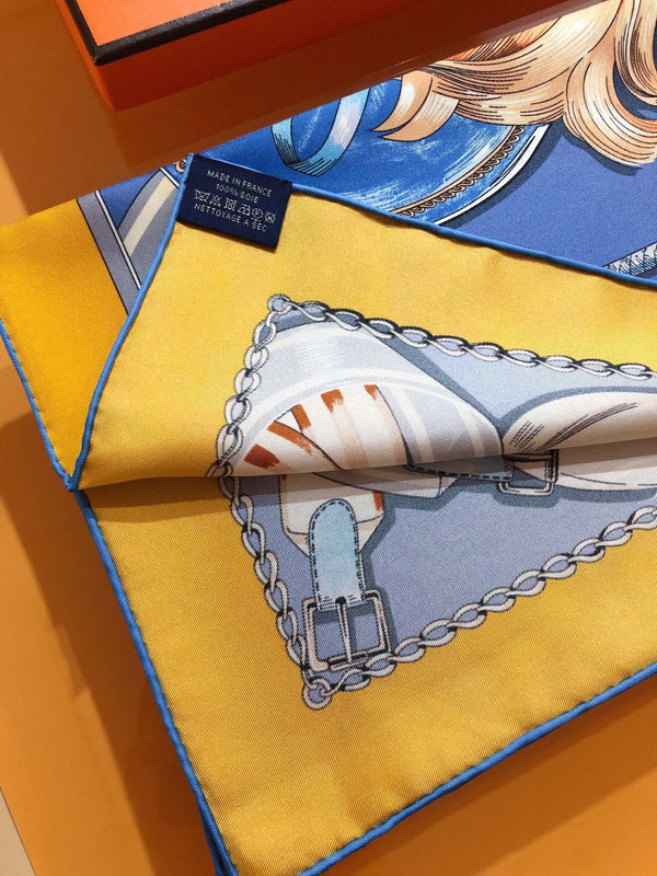 Cavalcades Scarf 90 CM In Blue Yellow Colorful Silk Twill 288859