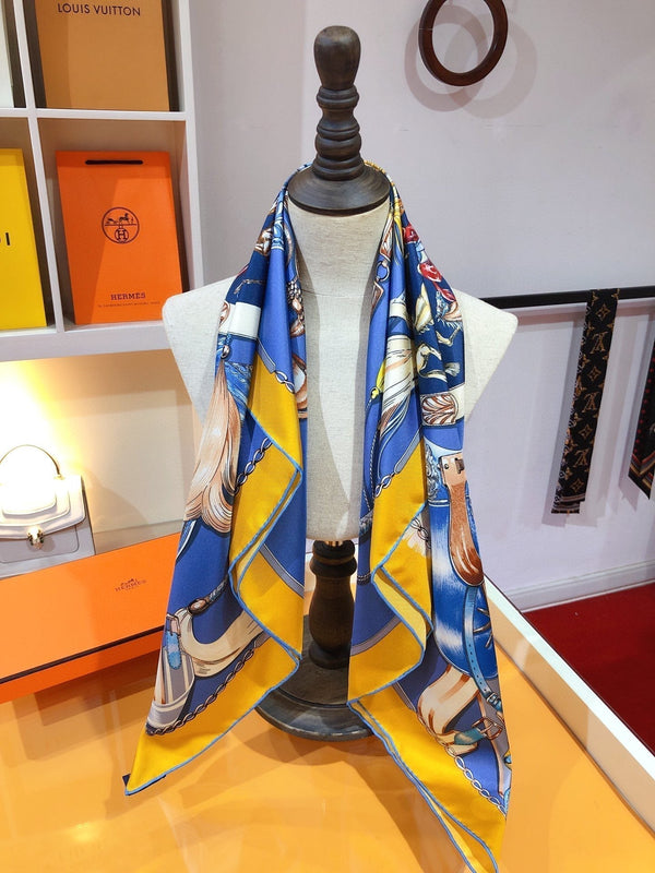 Cavalcades Scarf 90 CM In Blue Yellow Colorful Silk Twill 288859